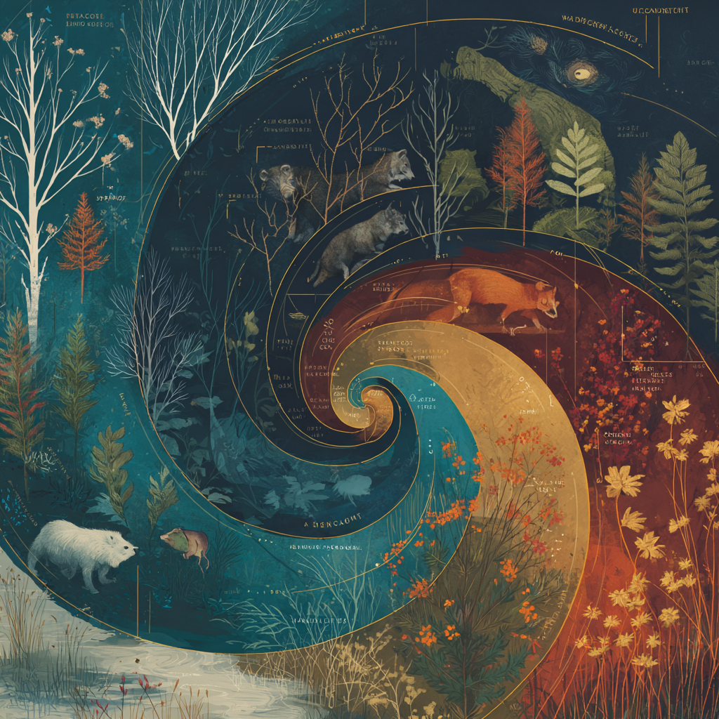 A spiral pathway connecting plants, animals and changing seasons
