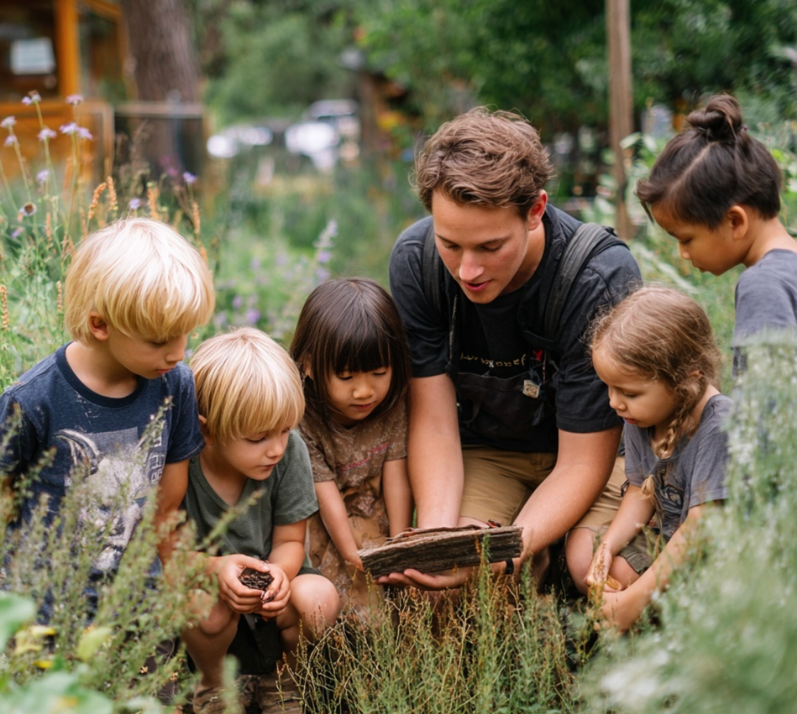 An educator and a diverse group of young children exploring nature together