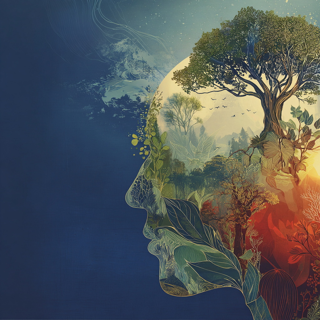 A human profile containing a richly layered living landscape